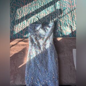 Lucy in the Sky Iridescent Sequin Strapless Mini Dress in Light Blue